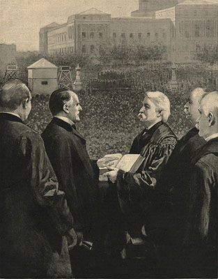 Chief Justice Melville W. Fuller administering the presidential oath to William McKinley.