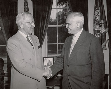 President Harry S. Truman congratulates Supreme Court Justice-designate Harold H. Burton in the Oval Office at the White House upon his confirmation. Associate Justice Burton served until retiring in 1958.