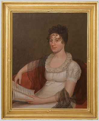 Half-length portrait of Mrs. Bushrod Washington (née Julia Ann Blackburn) by an unknown artist, circa 1825. She holds a music book in her left hand that is opened to a piece entitled, “A Favorite.” 