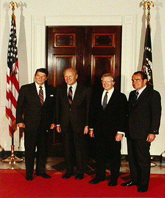 The four Presidents of the United States who collectively served from 1969–1989 stand together for photographers at the White House. From left are Presidents Ronald Reagan, Gerald Ford, Jimmy Carter, and Richard Nixon, October 8, 1981.