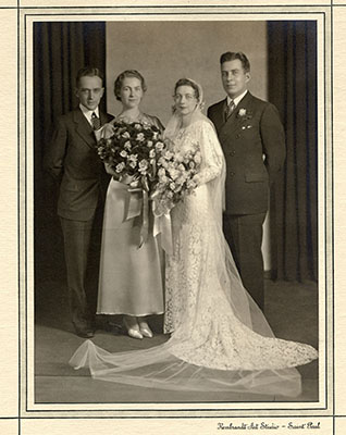 Wedding photograph featuring Warren E. Burger (far right), his bride Elvera Stromberg (middle right), Best Man Harry A. Blackmun (far left), and Maid of Honor Ella Caroline Anderson (middle left), 1933.