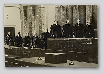 Quick to adapt, Clinedinst added Justice William H. Moody (far left) to his montage after Moody joined the Court on December 17, 1906. The Washington Post, and perhaps other newspapers, published this second version soon thereafter.