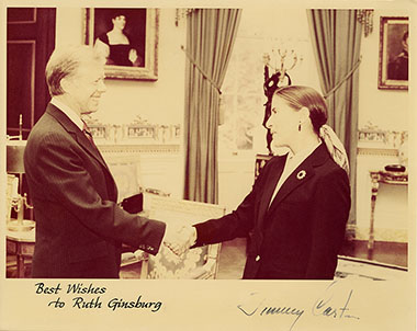 Justice Ginsburg’s personal copy displayed in chambers of President Jimmy Carter and Judge Ruth Bader Ginsburg at a White House reception for the National Association of Women Judges, October 3, 1980.