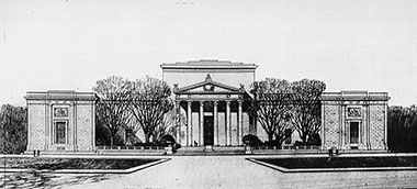 Since at least 1879, city planners had located a future Supreme Court building on the lot across from the Senate wing of the U.S. Capitol. With that in mind, Bacon intended in his circa 1923 “Study for a Public Building [Supreme Court Building]” that the height of the columns match those of the U.S. Capitol across the street.