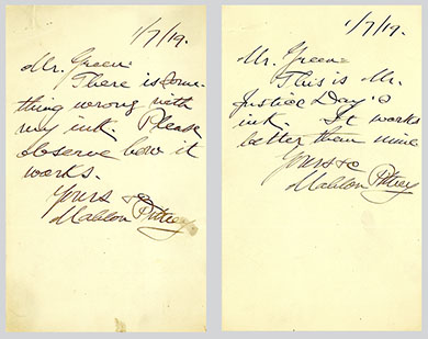 Notes from Justice Pitney to Marshal Frank Green regarding his ink.