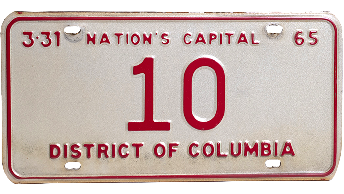 Washington, D.C. license plate issued to Chief Justice Earl Warren in 1965.